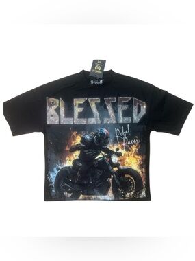 Sz M Blessed Rebel Racer crop rhymestone Black Graphic Tee